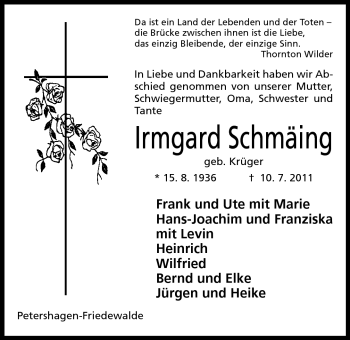 Anzeige von Irmghard Schmäing von Mindener Tageblatt