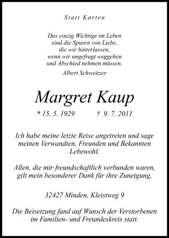 Anzeige von Margret Kaup von Mindener Tageblatt