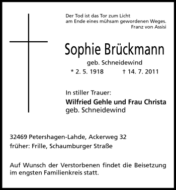 Anzeige von Sophie Brückmann von Mindener Tageblatt