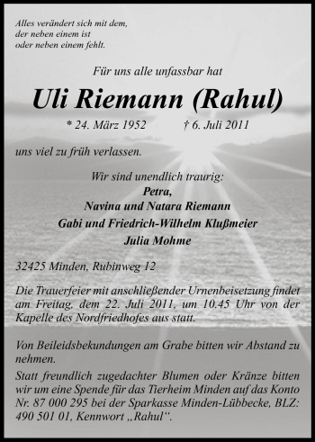 Anzeige von Uli Riemann von Mindener Tageblatt