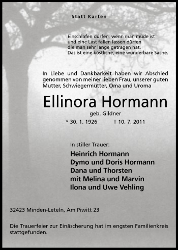 Anzeige von Ellinora Hormann von Mindener Tageblatt