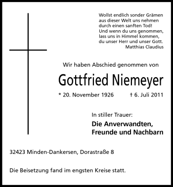 Anzeige von Gottfried Niemeyer von Mindener Tageblatt