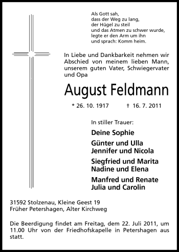 Anzeige von August Feldmann von Mindener Tageblatt
