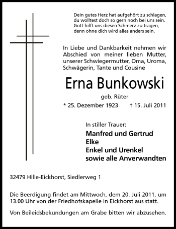 Anzeige von Erna Bunkowski von Mindener Tageblatt