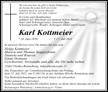 Anzeige von Karl Kottmeier von Mindener Tageblatt