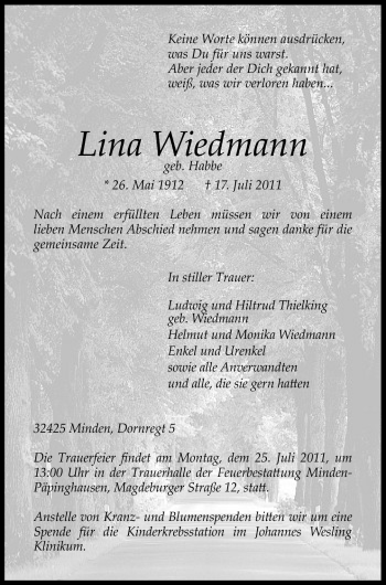 Anzeige von Lina Wiedmann von Mindener Tageblatt