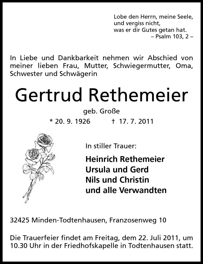  Traueranzeige für Gertrud Rethemeier vom 19.07.2011 aus Mindener Tageblatt