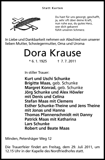 Anzeige von Dora Krause von Mindener Tageblatt