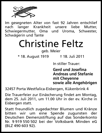 Anzeige von Christine Feltz von Mindener Tageblatt