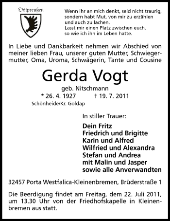 Anzeige von Gerda Vogt von Mindener Tageblatt