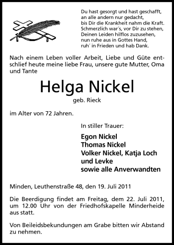 Anzeige von Helga Nickel von Mindener Tageblatt