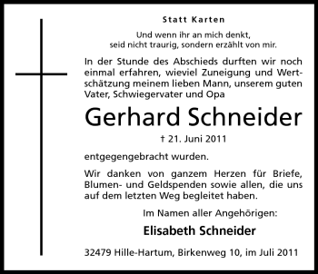Anzeige von Gerhard Schneider von Mindener Tageblatt
