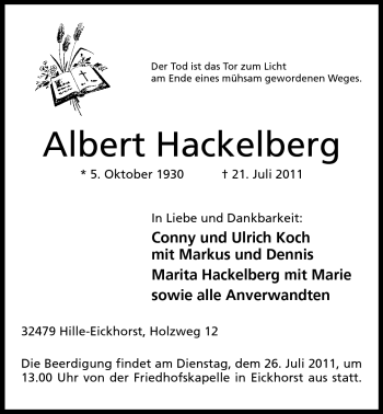 Anzeige von Albert Hackelberg von Mindener Tageblatt