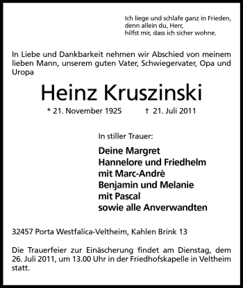 Anzeige von Heinz Kruszinski von Mindener Tageblatt