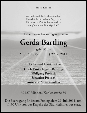 Anzeige von Gerda Bartling von Mindener Tageblatt