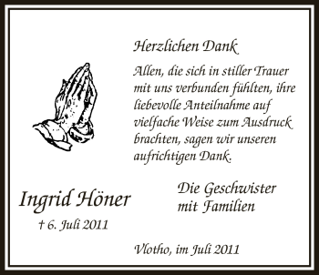 Anzeige von Ingrid Höner von Mindener Tageblatt