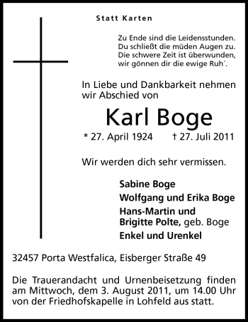 Anzeige von Karl Boge von Mindener Tageblatt
