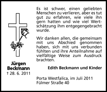Anzeige von Jürgen Beckmann von Mindener Tageblatt