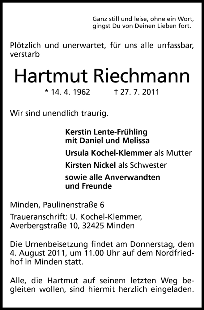  Traueranzeige für Hartmut Riechmann vom 30.07.2011 aus Mindener Tageblatt