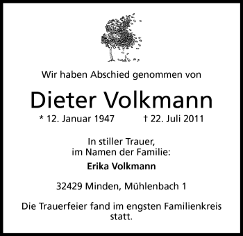 Anzeige von Dieter Volkmann von Mindener Tageblatt