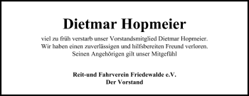Anzeige von Dietmar Hopmeier von Mindener Tageblatt