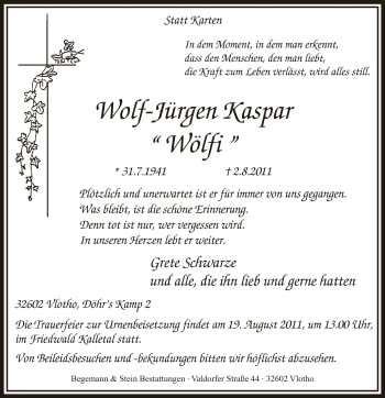 Anzeige von Wolf-Jürgen Kasper von Mindener Tageblatt