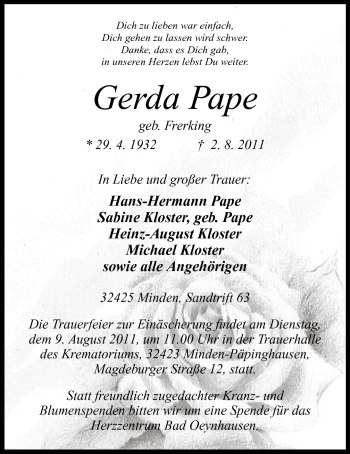 Anzeige von Gerda Pape von Mindener Tageblatt