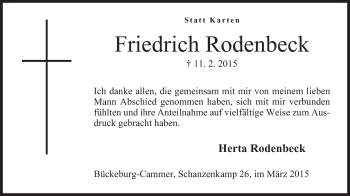 Anzeige von Friedrich Rodenbeck von Mindener Tageblatt