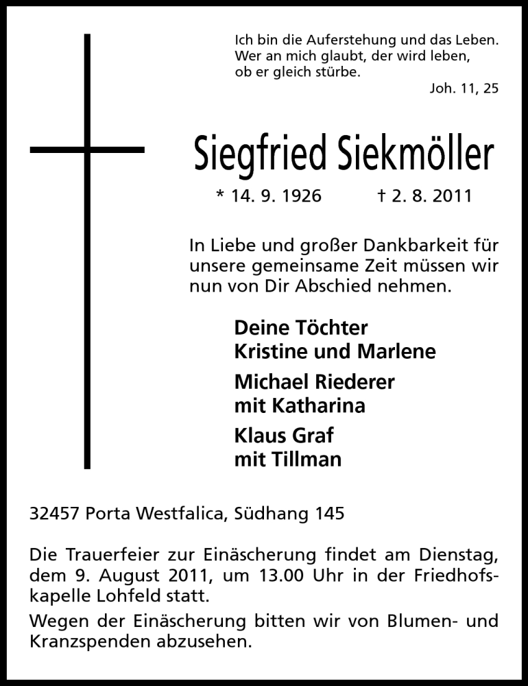  Traueranzeige für Siegfried Siekmöller vom 06.08.2011 aus Mindener Tageblatt
