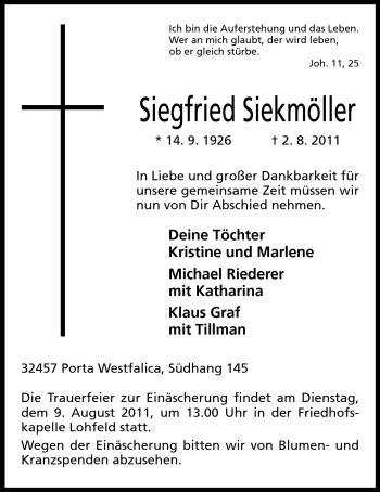 Anzeige von Siegfried Siekmöller von Mindener Tageblatt