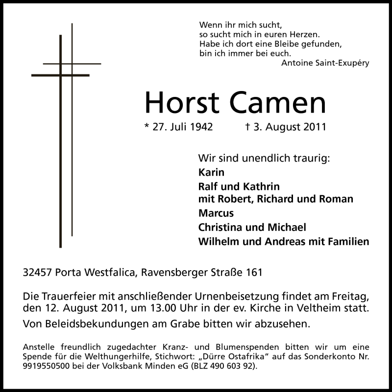  Traueranzeige für Horst Camen vom 06.08.2011 aus Mindener Tageblatt