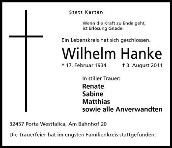 Anzeige von Wilhelm Hanke von Mindener Tageblatt