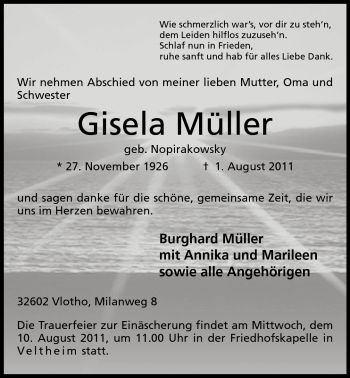 Anzeige von Gisela Müller von Mindener Tageblatt