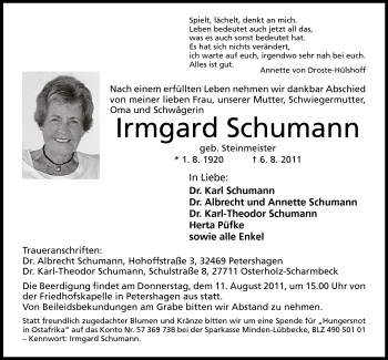 Anzeige von Irmgard Schumann von Mindener Tageblatt