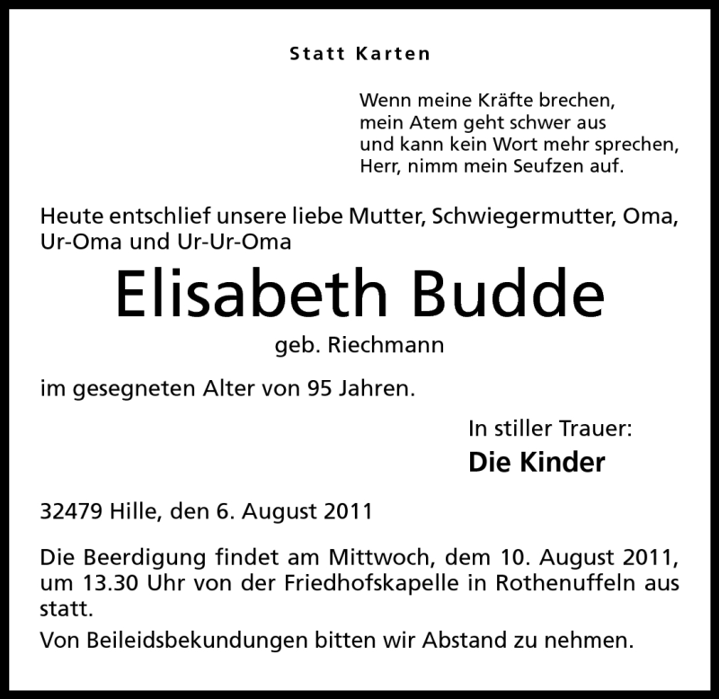  Traueranzeige für Elisabeth Budde vom 08.08.2011 aus Mindener Tageblatt