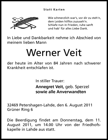 Anzeige von Werner Veit von Mindener Tageblatt