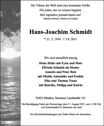 Anzeige von Hans-Joachim Schmidt von Mindener Tageblatt