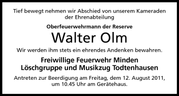 Anzeige von Walter Olm von Mindener Tageblatt