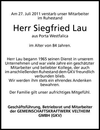 Anzeige von Siegfried Lau von Mindener Tageblatt