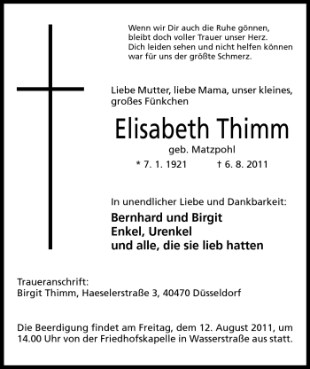 Anzeige von Elisabeth Thimm von Mindener Tageblatt