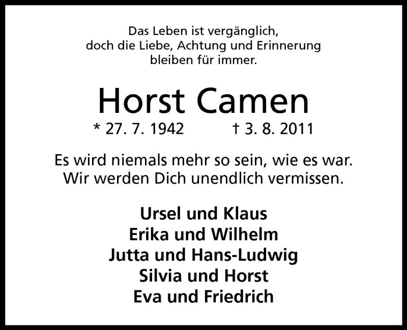  Traueranzeige für Horst Camen vom 09.08.2011 aus Mindener Tageblatt