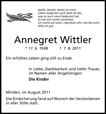 Anzeige von Annegret Wittler von Mindener Tageblatt