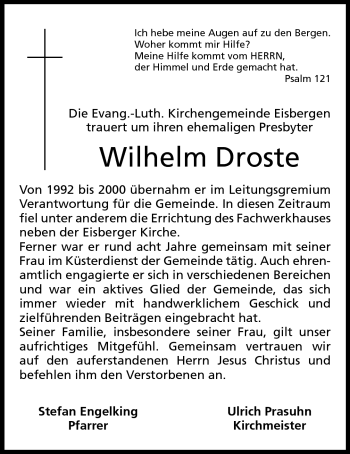 Anzeige von Wilhelm Droste von Mindener Tageblatt