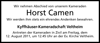 Anzeige von Horst Camen von Mindener Tageblatt