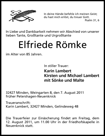 Anzeige von Elfriede Römke von Mindener Tageblatt