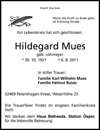 Anzeige von Hildegard Mues von Mindener Tageblatt