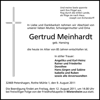 Anzeige von Gertrud Meinhardt von Mindener Tageblatt