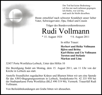 Anzeige von Rudi Vollmann von Mindener Tageblatt