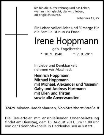 Anzeige von Irene Hoppmann von Mindener Tageblatt