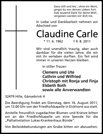 Anzeige von Claudine Carle von Mindener Tageblatt